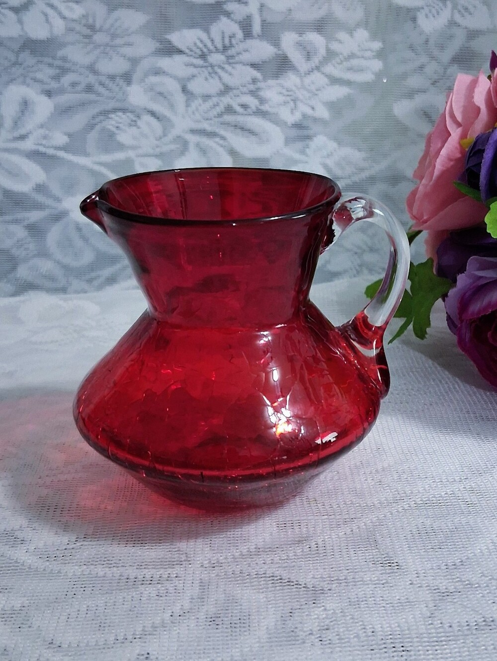 Vintage Ruby Red Crackle Glass Mini Pitcher Creamer Mid-century Art Glass UV RIM